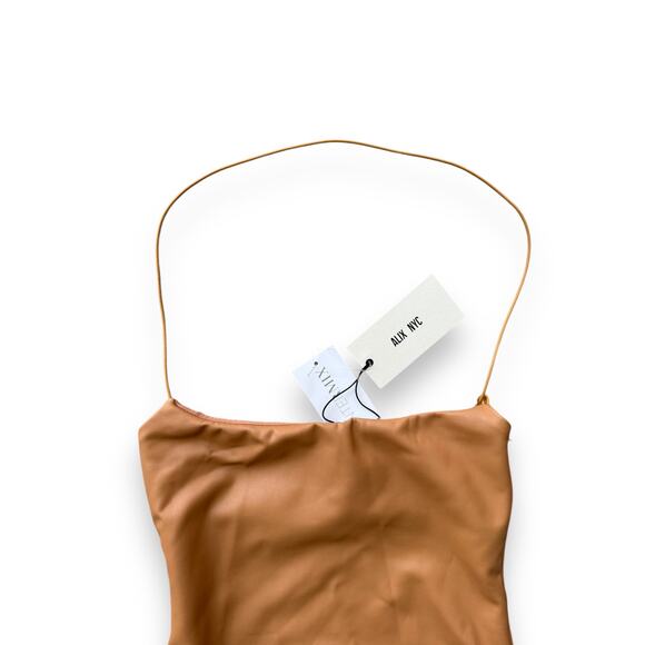 NWT Alix NYC Vegan Leather Midi Dress beige halter side slit bodycon sz XS - Picture 7 of 12